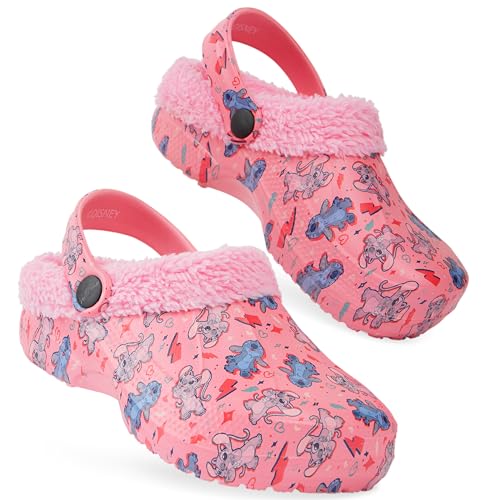 Disney Stitch Clogs for Girls with Fleece Lining, Slip On Shoes, Cozy Indoor, Outdoor Winter Clogs, for Girls (Pink Stitch/Angel, 4/5 US) - Image 1