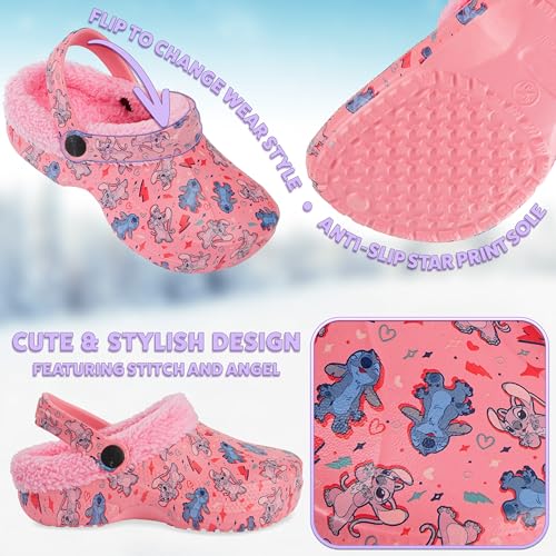 Disney Stitch Clogs for Girls with Fleece Lining, Slip On Shoes, Cozy Indoor, Outdoor Winter Clogs, for Girls (Pink Stitch/Angel, 4/5 US) - Image 4