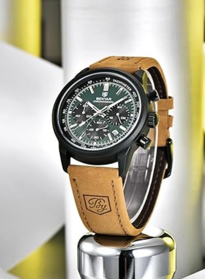 BENYAR Watch for Men - Classic Chronograph Date Watch with Brown Leather Strap, Quartz Movement, 30M Waterproof, Business Casual Analog Watch - Image 2