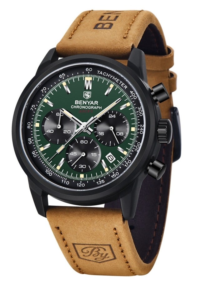 BENYAR Watch for Men - Classic Chronograph Date Watch with Brown Leather Strap, Quartz Movement, 30M Waterproof, Business Casual Analog Watch - Image 1