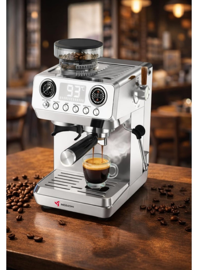 MEBASHI ME-CCM2074 Commercial Digital Coffee Machine with Built-in Grinder, 1.8L Water Tank, 110g Bean Box, Thermoblock Heating, Stainless Steel – Professional Espresso Maker - Image 2