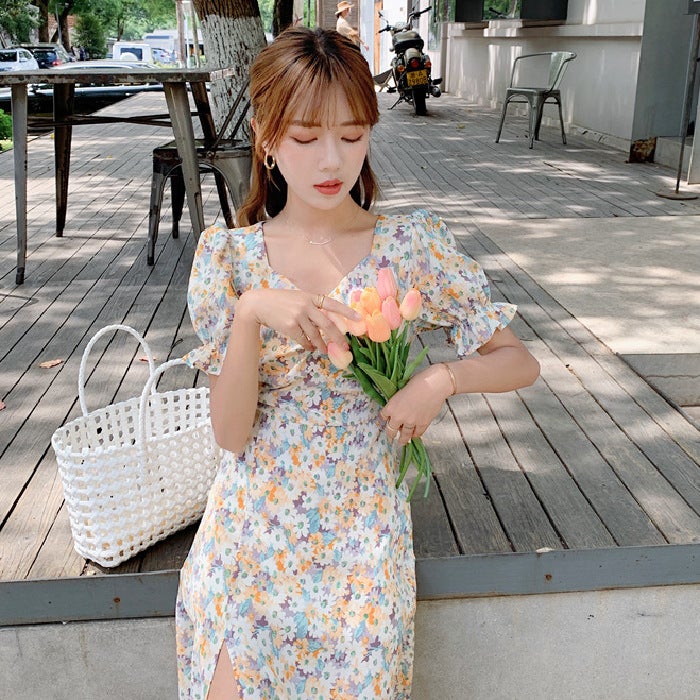 French Style dress Sub-Hong Kong Flavor British French dress Dress Small Floral Summer Dress Hot Mom Picture color