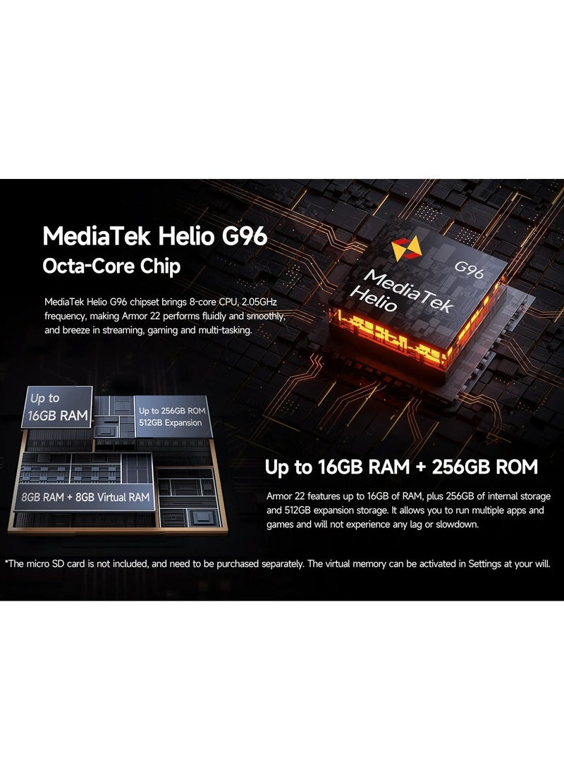 أوليفون هاتف محمول بدون كاميرا Armor 22p أندرويد 14 RAM حتى 16GB (8GB RAM + 8GB RAM افتراضي) ROM 256GB بطارية 6600mAh هاتف ذكي 4G أسود - Image 4