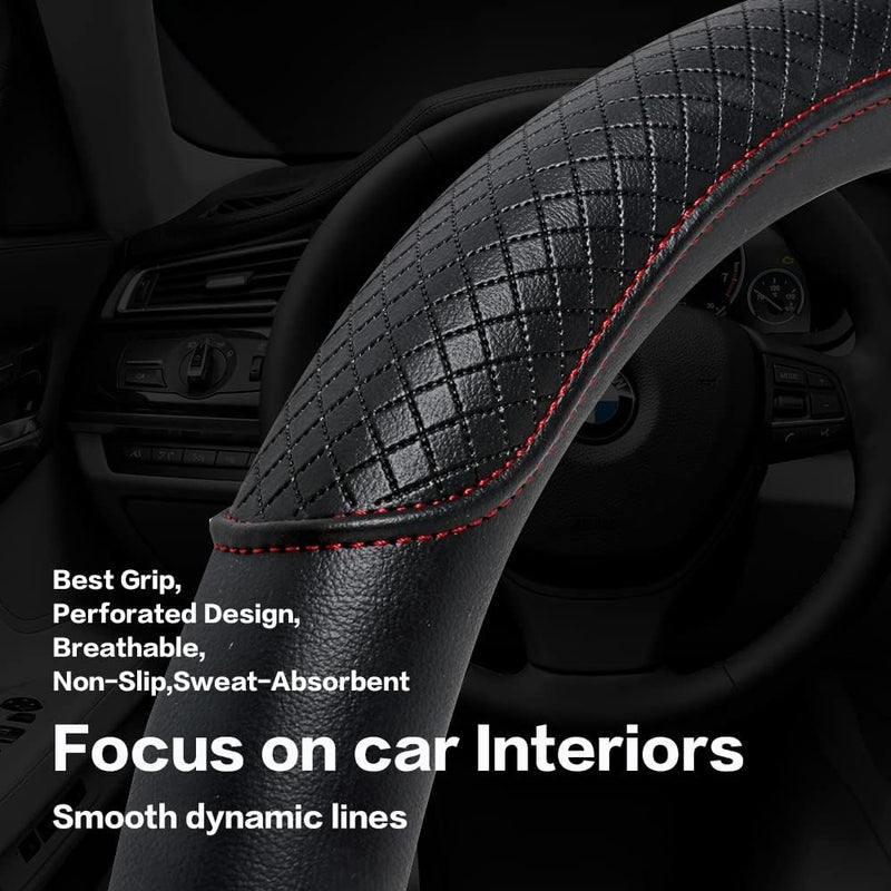 VARGTR Steering Wheel Cover - Microfiber Leather, Classic Embossing, Anti-Slip Breathable, Fit 15 Inch (Black & Red Line) - Image 4