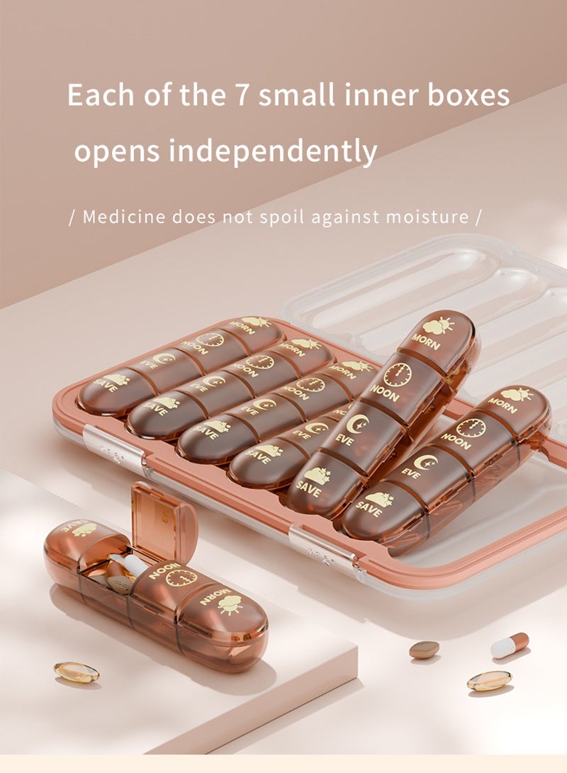 لبونير منظم أقراص أسبوعي كبير 4 مرات في اليوم، علب أقراص كبيرة لحبوب منع الحمل الأسبوعية 4 مرات في اليوم، علب أقراص لمدة 7 أيام صباحًا ومساءً، علبة أقراص كبيرة لزيوت السمك ومكملات الفيتامينات (بني) - Image 4