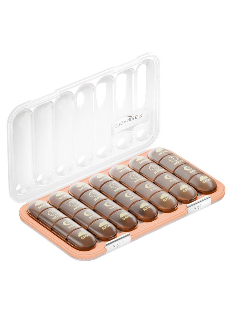 لبونير منظم أقراص أسبوعي كبير 4 مرات في اليوم، علب أقراص كبيرة لحبوب منع الحمل الأسبوعية 4 مرات في اليوم، علب أقراص لمدة 7 أيام صباحًا ومساءً، علبة أقراص كبيرة لزيوت السمك ومكملات الفيتامينات (بني) - Image 1