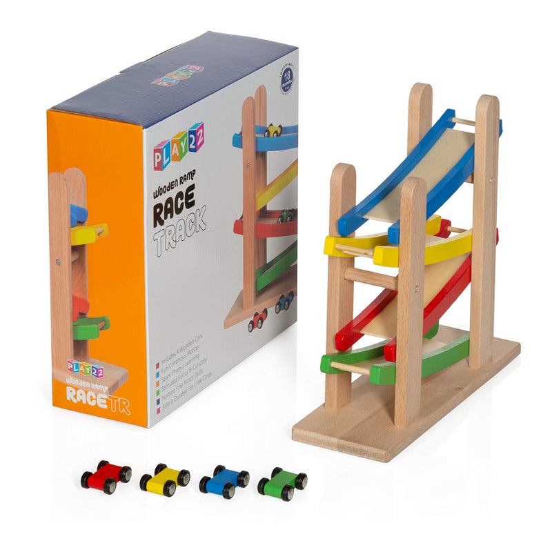 Play22 Wooden Car Ramps - 4 Level Race Track With 4 Toy Cars - My First Baby Toys - Toddler Car Set is A Great Gift for Boys and Girls - Image 5