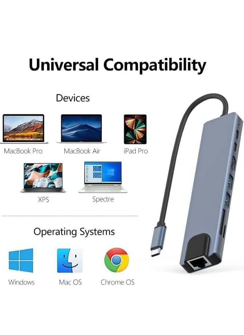 USB C Hub 8 in 1 Multiport Adapter – Type C Dock with 4K HDMI, PD Charging, Ethernet Port, USB-C, 2 USB 3.0, SD/TF Card Reader – Compatible with MacBook Pro, Dell XPS, iPad Pro, and More Type-C Devices