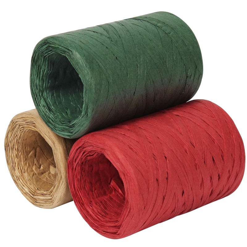 Raffia Ribbon 3 Rolls 984 Feet Red Green Natural Christmas Ribbon for Gift Wrapping Craft Paper Twine for Gifts Pastry Boxes Holiday Decor Crafting 328Feet Roll