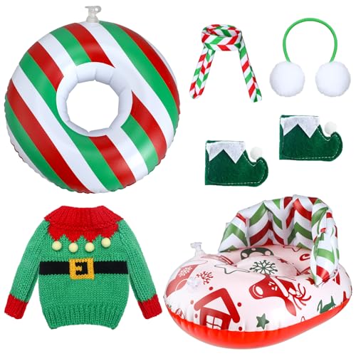 Cindeer 6 Pcs Christmas Doll Accessories Set Includes Clothes Sweater Ear Muffs Scarf Shoes Sleigh Snow Ring Set for 115 Inch DollRed Green Stripe - Image 1