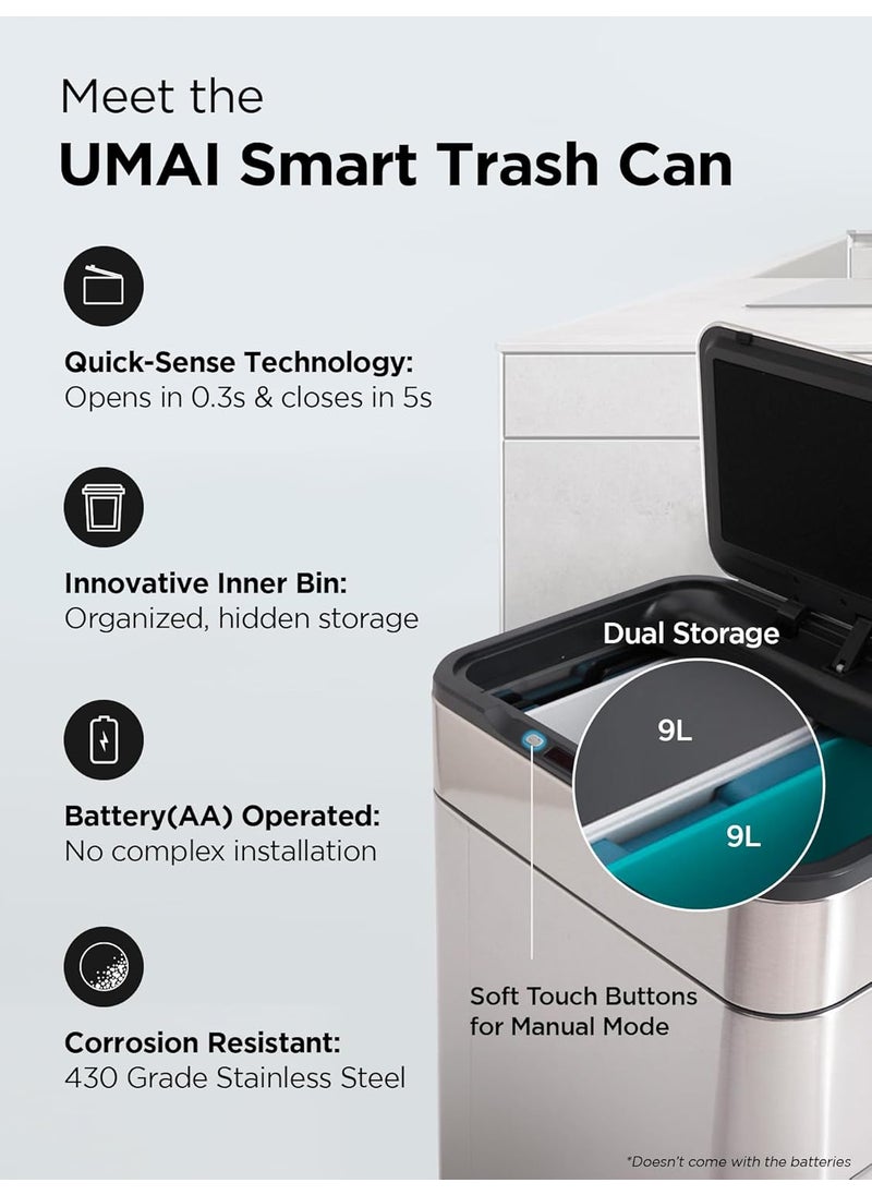 Umai UMAI 9L9L Dustbin For Kitchen Dustbin For Bathroom 62cm Automatic Smart Sensor Dustbin For Bedroom Steel Dustbin With Lid Hands Free Access Dustbin For Office Garbage Bin Silver  - Image 3