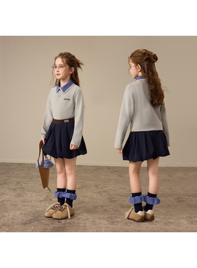 Ask Junior Faux Two-piece Children's Long Sleeve Sweatshirt 26 Spring Big Kids Plaid Colorblock Collar Top School Style Girls