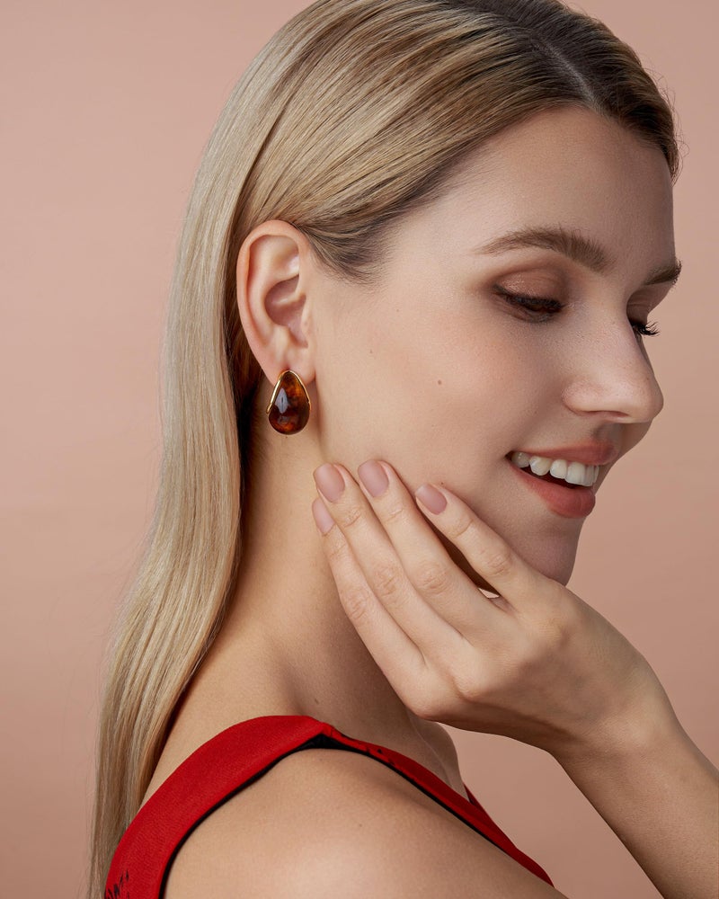SNGIA Oval C Shape Chunky Dangle 18K Gold Plated Hoops with Colored Resin Gemstone Statement Earrings for Women by SNGIA, (Green, Brown, Blue, Pink, White, Cream), Long Bold Drop Handmade Exaggerated Irregular Trendy Bohemian Jewelry Gifts, Unique Dangling Teardrop Baroque Stone Summer Beach Fashion Earrings Accessories, Round Vintage Thick Circular Nickle Free Huggies Hoop Earrings. - Image 2