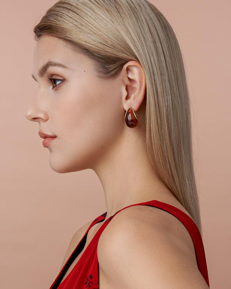 SNGIA Oval C Shape Chunky Dangle 18K Gold Plated Hoops with Colored Resin Gemstone Statement Earrings for Women by SNGIA, (Green, Brown, Blue, Pink, White, Cream), Long Bold Drop Handmade Exaggerated Irregular Trendy Bohemian Jewelry Gifts, Unique Dangling Teardrop Baroque Stone Summer Beach Fashion Earrings Accessories, Round Vintage Thick Circular Nickle Free Huggies Hoop Earrings. - Image 4