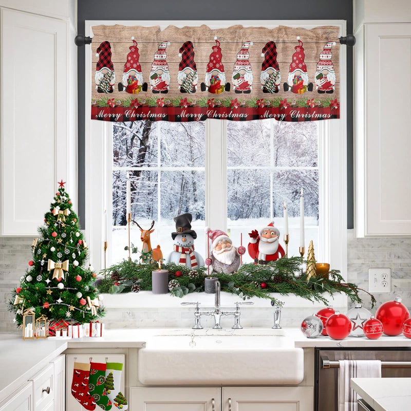 Litter Star Litter Star Window Valance Rod Pocket Panel for Kitchen Bedroom Window Merry Christmas Gnome with Xmas Hat Valances Short Curtain Bathroom Treatment Drapes Rustic Wood Plank