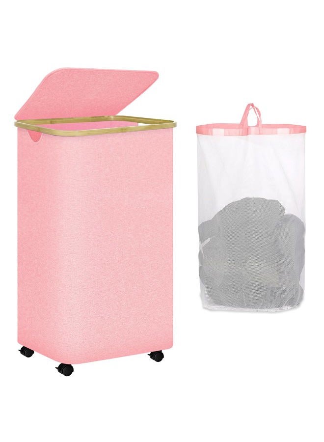 conglow Laundry Hamper with Wheels - 100L Large Laundry Hamper with Lid, Rolling Laundry Hamper on Wheels, Collapsible Laundry Hamper with Removable Mesh Bag and Bamboo Handles for Easy Carrying - Image 1