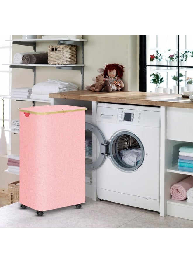 conglow Laundry Hamper with Wheels - 100L Large Laundry Hamper with Lid, Rolling Laundry Hamper on Wheels, Collapsible Laundry Hamper with Removable Mesh Bag and Bamboo Handles for Easy Carrying - Image 5