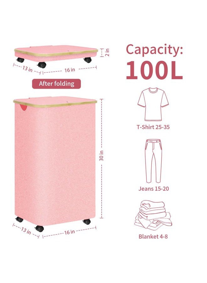 conglow Laundry Hamper with Wheels - 100L Large Laundry Hamper with Lid, Rolling Laundry Hamper on Wheels, Collapsible Laundry Hamper with Removable Mesh Bag and Bamboo Handles for Easy Carrying - Image 2
