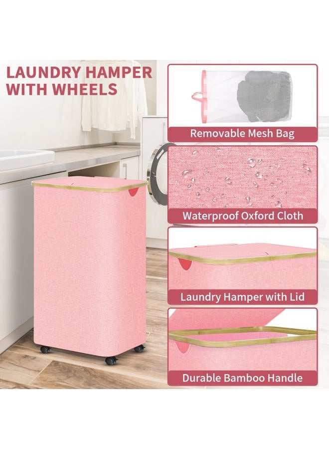 conglow Laundry Hamper with Wheels - 100L Large Laundry Hamper with Lid, Rolling Laundry Hamper on Wheels, Collapsible Laundry Hamper with Removable Mesh Bag and Bamboo Handles for Easy Carrying - Image 4