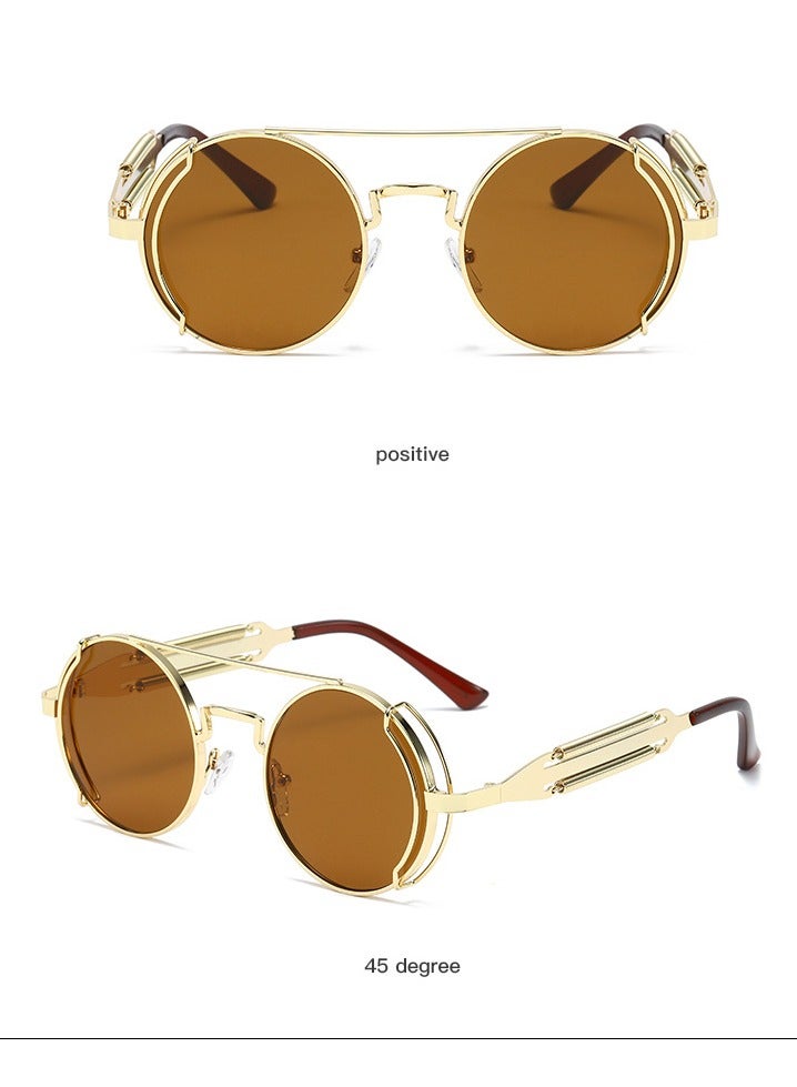 general New women's and men's sunglasses fashion personality steam punk glasses trendy color film retro round metal frame sunglasses - Image 2