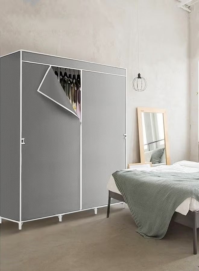 Monda Wardrobe Storage Closet Fabric Clothes Organizer with Side Pockets Zipper and Hanging Rail Foldable Non-woven Textile Storage Clothing Rack Grey - Image 2