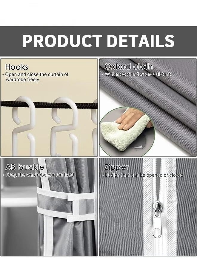 Monda Wardrobe Storage Closet Fabric Clothes Organizer with Side Pockets Zipper and Hanging Rail Foldable Non-woven Textile Storage Clothing Rack Grey - Image 4