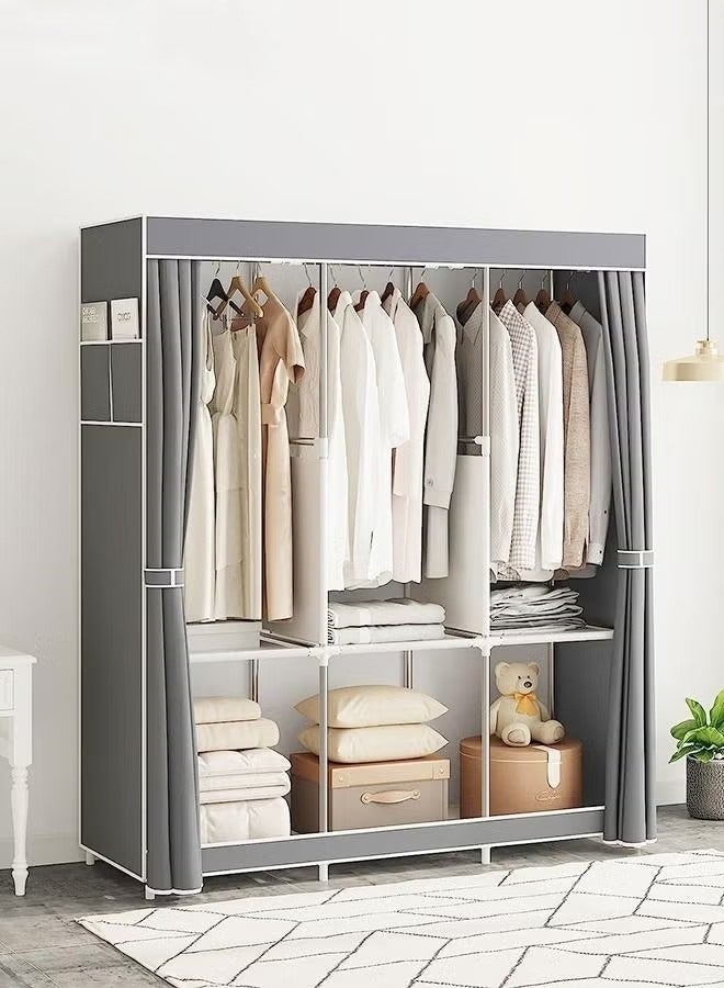 Monda Wardrobe Storage Closet Fabric Clothes Organizer with Side Pockets Zipper and Hanging Rail Foldable Non-woven Textile Storage Clothing Rack Grey - Image 1