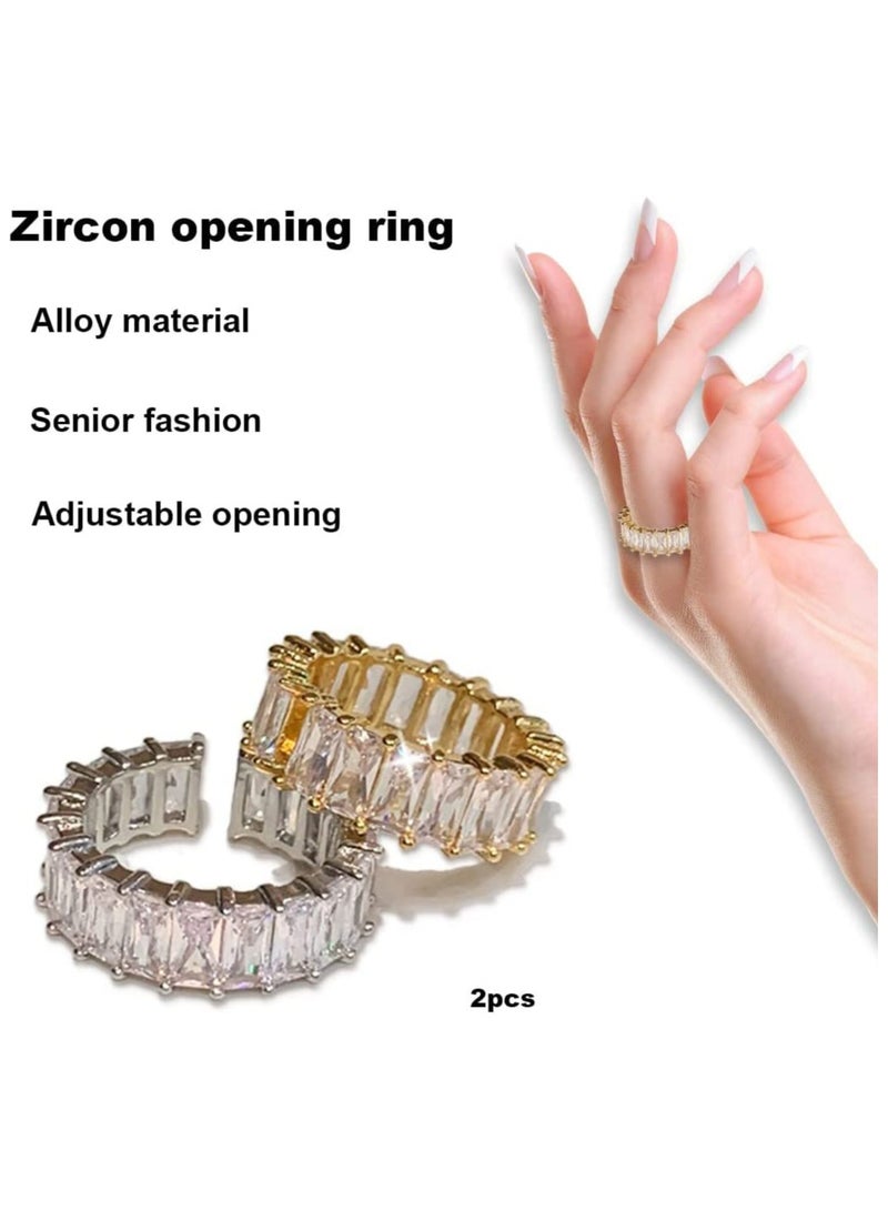 KASTWAVE Stone Ring with Zirconia Crystals Open Rings Set Eternity Rectangle Women's Silver Stone Ring Classic Silver Jewellery Girl Ring Suitable for Birthday Gift 2Pcs Fashion Trend Exquisite Design Ring  - Image 2