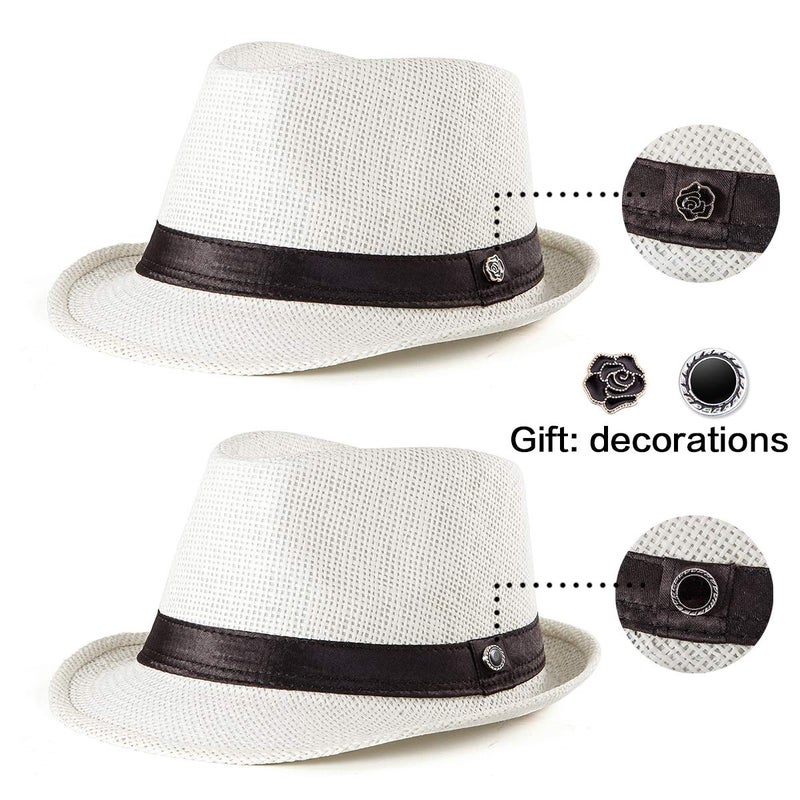 LADYBRO Straw Fedora Hats for Women Men Milky White Short Brim Sun Trilby Summer, 7 1/4 - Image 3