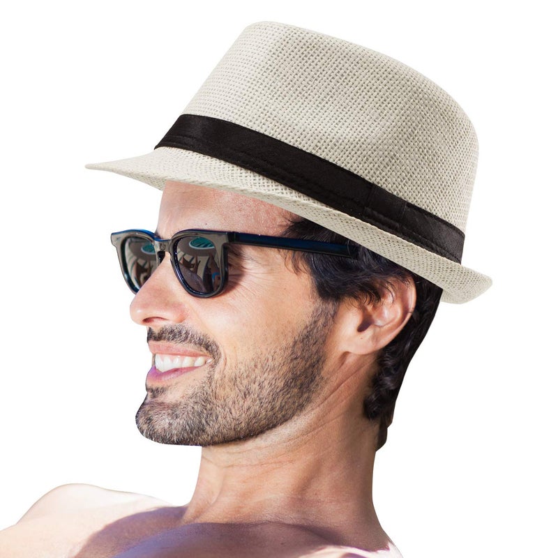 LADYBRO Straw Fedora Hats for Women Men Milky White Short Brim Sun Trilby Summer, 7 1/4 - Image 4