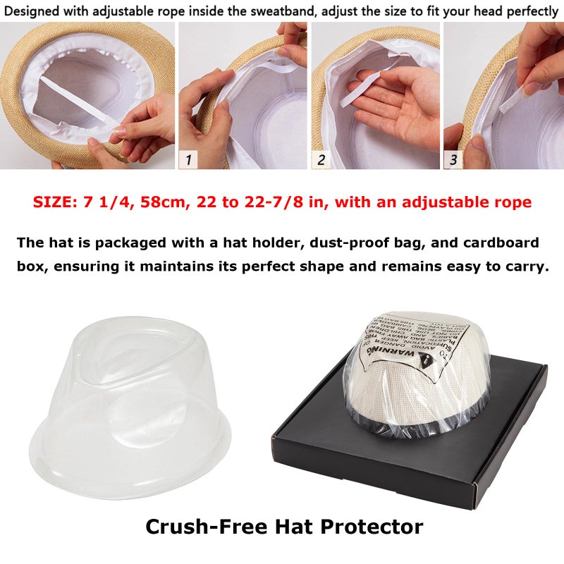 LADYBRO Straw Fedora Hats for Women Men Milky White Short Brim Sun Trilby Summer, 7 1/4 - Image 2
