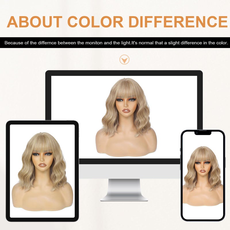 AGO Mixed Blonde Bob Wavy Wigs with Bangs, Short Grey Blonde Bob Wig Loose Wave Synthetic Hair Heat Resistant Fiber Synthetic Wig for Daily Party Halloween Cosplay Use(Mixed Blonde) - Image 5