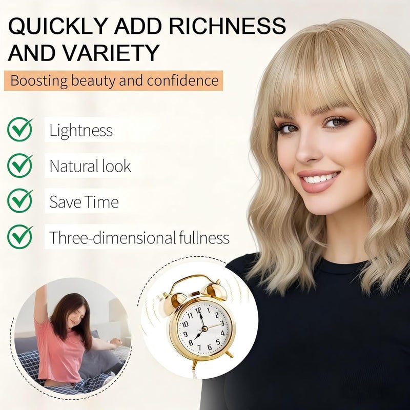 AGO Mixed Blonde Bob Wavy Wigs with Bangs, Short Grey Blonde Bob Wig Loose Wave Synthetic Hair Heat Resistant Fiber Synthetic Wig for Daily Party Halloween Cosplay Use(Mixed Blonde) - Image 3
