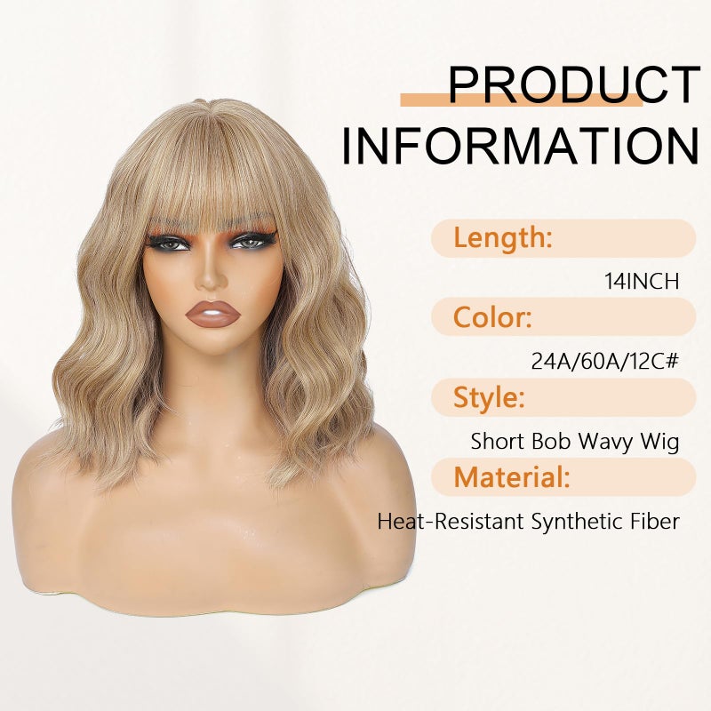 AGO Mixed Blonde Bob Wavy Wigs with Bangs, Short Grey Blonde Bob Wig Loose Wave Synthetic Hair Heat Resistant Fiber Synthetic Wig for Daily Party Halloween Cosplay Use(Mixed Blonde) - Image 2