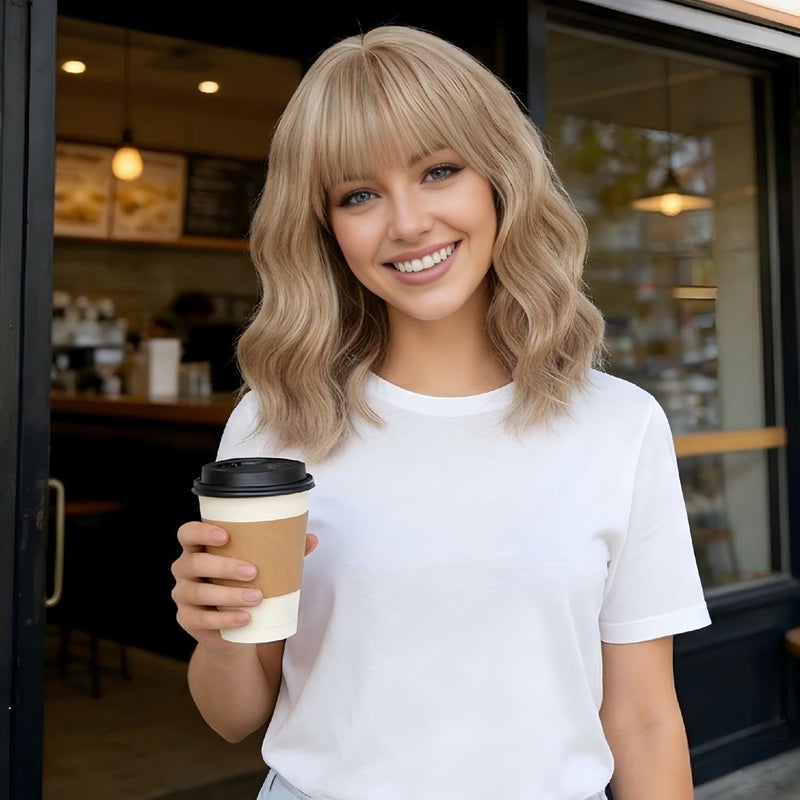 AGO Mixed Blonde Bob Wavy Wigs with Bangs, Short Grey Blonde Bob Wig Loose Wave Synthetic Hair Heat Resistant Fiber Synthetic Wig for Daily Party Halloween Cosplay Use(Mixed Blonde) - Image 1