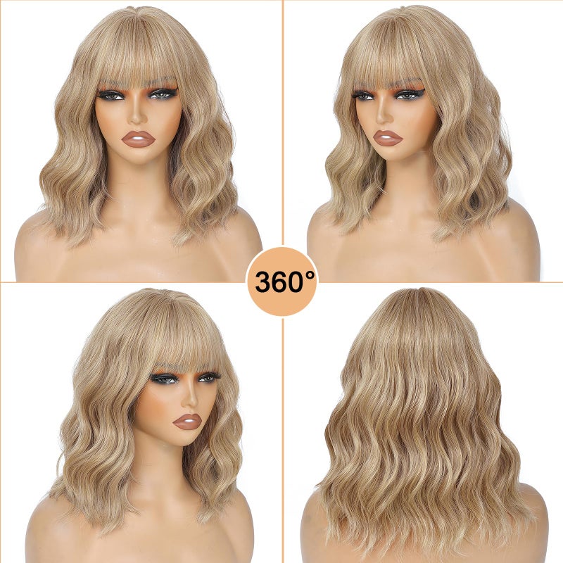 AGO Mixed Blonde Bob Wavy Wigs with Bangs, Short Grey Blonde Bob Wig Loose Wave Synthetic Hair Heat Resistant Fiber Synthetic Wig for Daily Party Halloween Cosplay Use(Mixed Blonde) - Image 4