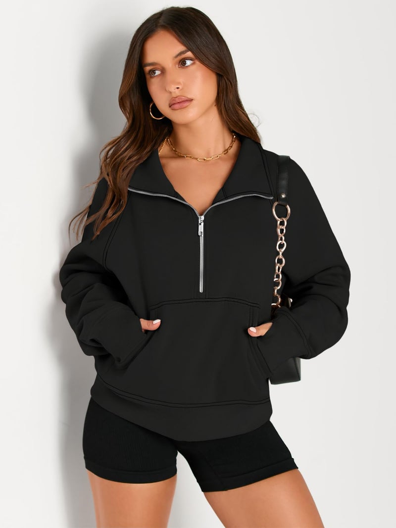 AUTOMET Womens Sweatshirts Half Zip Cropped Pullover Fleece Quarter Zipper Hoodies 2024 Fall Fashion Outfits Clothes Black Medium - Image 3