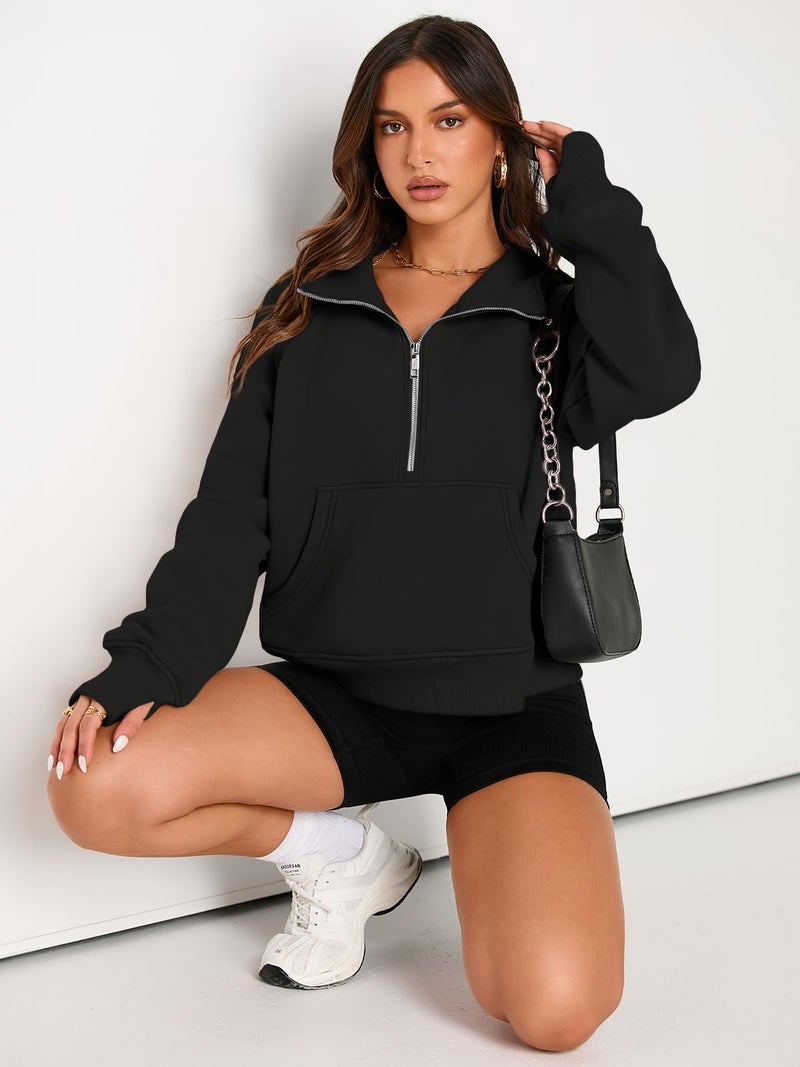 AUTOMET Womens Sweatshirts Half Zip Cropped Pullover Fleece Quarter Zipper Hoodies 2024 Fall Fashion Outfits Clothes Black Medium - Image 4