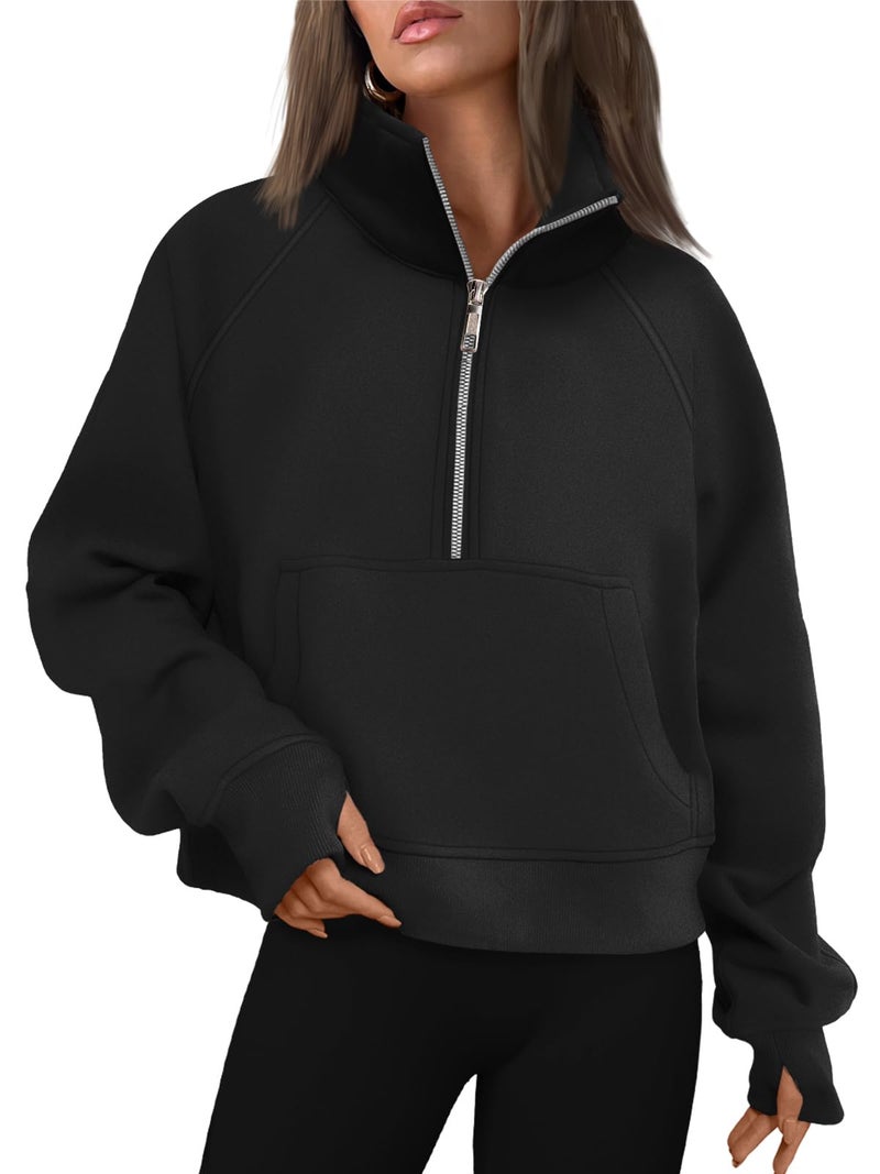AUTOMET Womens Sweatshirts Half Zip Cropped Pullover Fleece Quarter Zipper Hoodies 2024 Fall Fashion Outfits Clothes Black Medium - Image 1