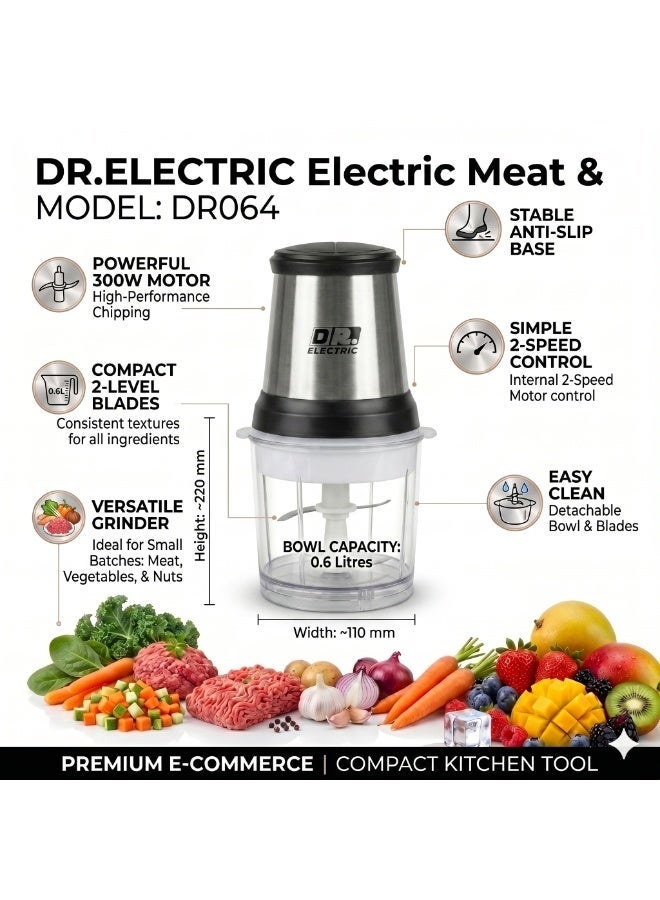 DR.ELECTRIC Electric Meat and Vegetable Chopper, 300W, 0.6L, Meat and Vegetable Chopper, Model DR064, Stainless Steel - Image 5