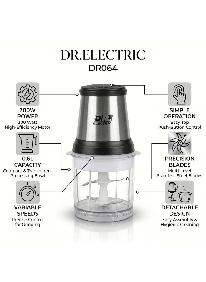 DR.ELECTRIC Electric Meat and Vegetable Chopper, 300W, 0.6L, Meat and Vegetable Chopper, Model DR064, Stainless Steel - Image 1