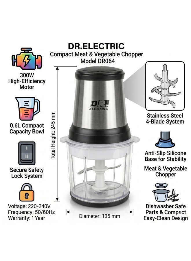 DR.ELECTRIC Electric Meat and Vegetable Chopper, 300W, 0.6L, Meat and Vegetable Chopper, Model DR064, Stainless Steel - Image 2