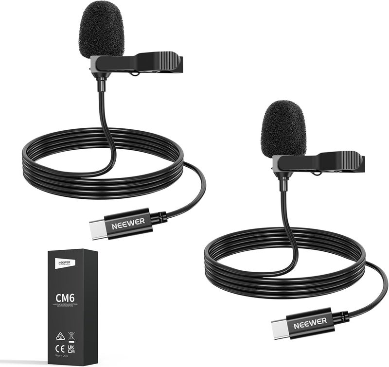 Neewer Mini USB C Lavalier Microphone 2 Pack Compatible with iPhone 16 15 Pro Max Android Phone Tablet PC, Clip On Omnidirectional Condenser Lapel Mic with 2m/6.6ft Cable - Image 1