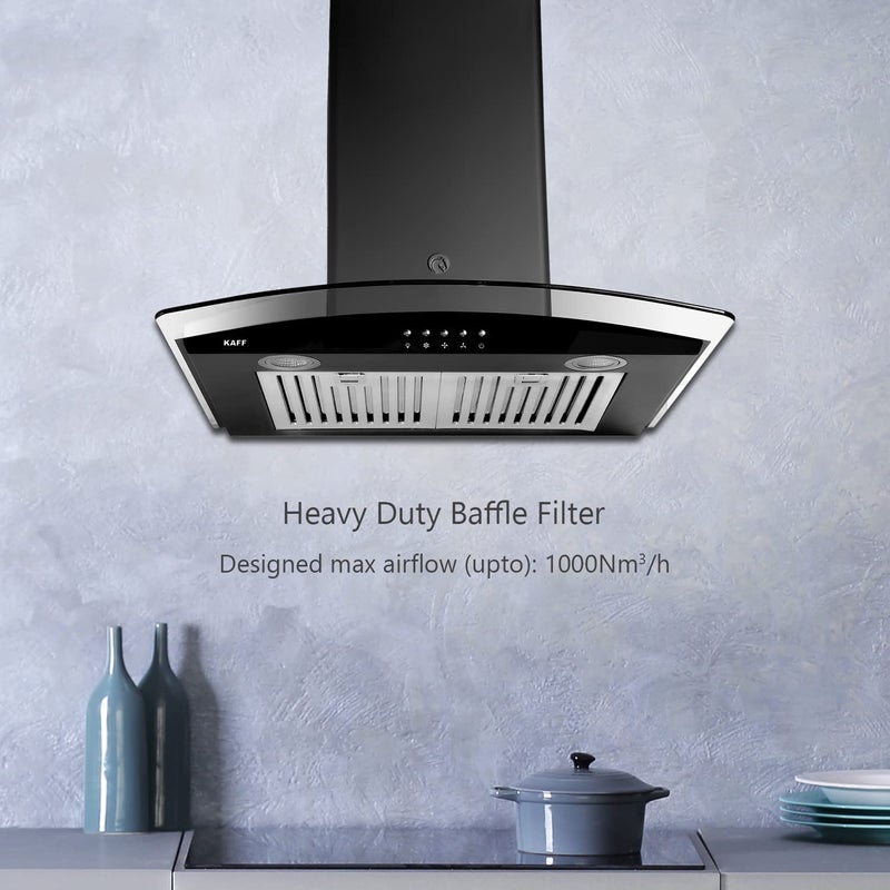 Kaff KAFF ACE BF 60 Baffle Filter Curved Glass Kitchen Chimney 60 CM with 1000 m3hr Suction Capacity Push Button Black  - Image 4