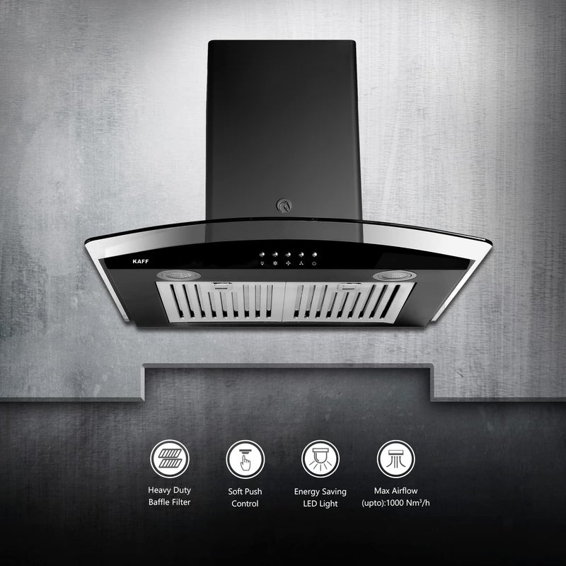 Kaff KAFF ACE BF 60 Baffle Filter Curved Glass Kitchen Chimney 60 CM with 1000 m3hr Suction Capacity Push Button Black  - Image 3