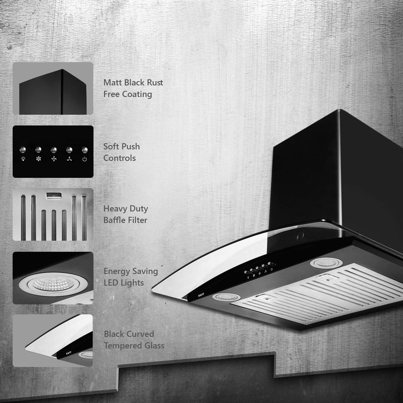 Kaff KAFF ACE BF 60 Baffle Filter Curved Glass Kitchen Chimney 60 CM with 1000 m3hr Suction Capacity Push Button Black  - Image 2