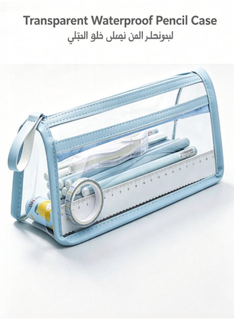 jaexest Clear Pencil Case Bag Pen Holder Stationery Dual Zipper Organizer Makeup Pouch for School Office Travel, Blue - Image 1