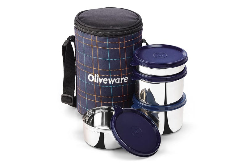 SOPL-OLIVEWARE علبة غداء أوليف وير ميغا 100 محكمة الإغلاق 4 حاويات من الفولاذ المقاوم للصدأ مع أغطية محكمة خالية من BPA 300 مل 450 مل 2X600 مل حقيبة قماش زرقاء - Image 1