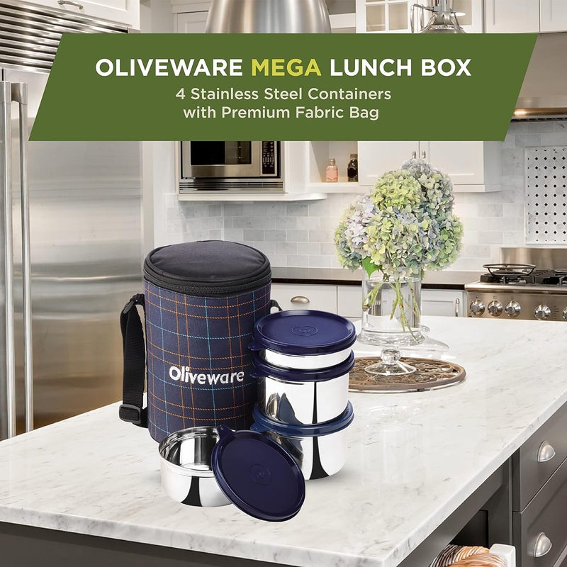 SOPL-OLIVEWARE علبة غداء أوليف وير ميغا 100 محكمة الإغلاق 4 حاويات من الفولاذ المقاوم للصدأ مع أغطية محكمة خالية من BPA 300 مل 450 مل 2X600 مل حقيبة قماش زرقاء - Image 4