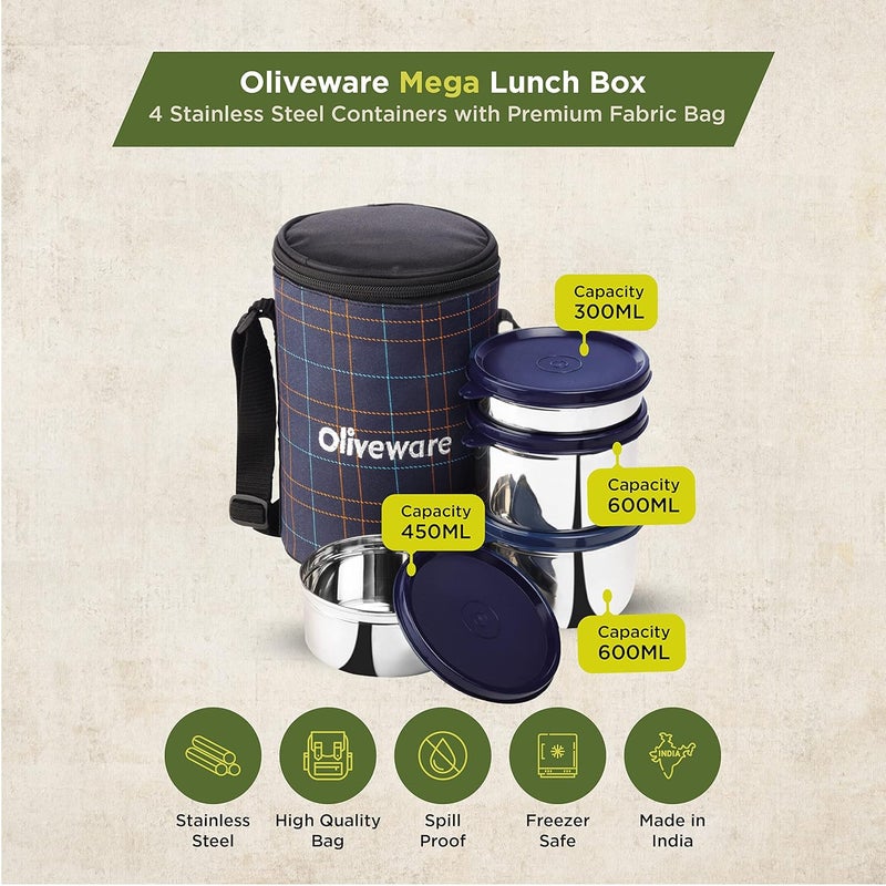 SOPL-OLIVEWARE علبة غداء أوليف وير ميغا 100 محكمة الإغلاق 4 حاويات من الفولاذ المقاوم للصدأ مع أغطية محكمة خالية من BPA 300 مل 450 مل 2X600 مل حقيبة قماش زرقاء - Image 2